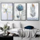 Mavi Çiçekler Siyah Çerçeveli Üçlü Metal Çerçeveli Tablo Seti