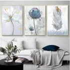 Mavi Çiçekler Gold Çerçeveli Üçlü Metal Çerçeveli Tablo Seti