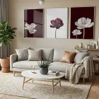 3 Adet Gümüş Metal Çerçeveli Premium Cam Baskılı 3 Lü Tablo Seti — Bordo Çiçek