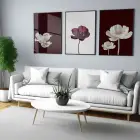 3 Adet Siyah Metal Çerçeveli Gerçek Cama Baskılı Duvar Tablo Seti — Bordo Çiçek