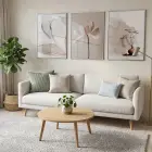 3 Lü Gümüş Metal Çerçeveli Gerçek Kırılmaz Cam Gerçek Camlı Duvar Tablo Seti — Bej Çiçek