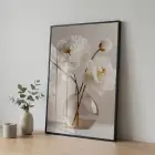 3 Lü Siyah Metal Çerçeveli Temperli Cam Baskılı Çiçekli Tablo Seti — Bej Narin
