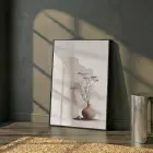 3 Lü Siyah Metal Çerçeveli Temperli Cam Baskılı Üçlü Tablo Seti — Bej Vazoda