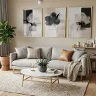 Üçlü Premium Metal Çerçeveli Gerçek Cama Baskılı Botanik Tablo Seti — Bej Soyut