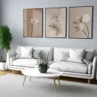 Üçlü Siyah Metal Çerçeveli Premium Cam Baskılı Üçlü Tablo Seti — Bej Çiçek