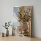 Tek Parça Altın Metal Çerçeveli Premium Cam Baskılı Duvar Tablo — Bej Zeytin