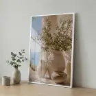 Tek Parça Beyaz Metal Çerçeveli Temperli Cam Baskılı Duvar Tablo — Bej Zeytin