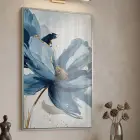 Tek Parça Gümüş Metal Çerçeveli Premium Cam Baskılı Soyut Tablo — Mavi Çiçek