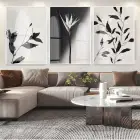 Minimalist Siyah-Beyaz Floral Beyaz Metal Çerçeveli Cam Tablo