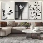 Minimalist Siyah-Beyaz Floral Siyah Metal Çerçeveli Cam Tablo