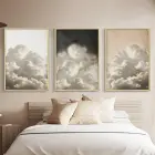 Siyah-Beyaz Bulut Desenli Gold Metal Çerçeveli Cam Tablo