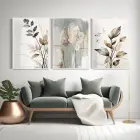 Siyah-Beyaz Çiçek Motifli Beyaz Metal Çerçeveli Cam Tablo