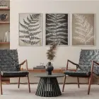 Vintage Siyah-Beyaz Yaprak Desenli Minimalist Gümüş Metal Çerçeveli Cam Tablo