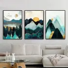 Yeşil Tonlar Geometrik Desenli Metal Çerçeveli Tablo Seti Siyah