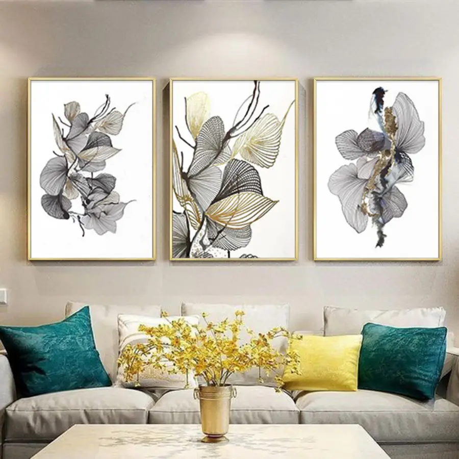 Siyah Ve Gold Dokuma Tasarım Metal Çerçeveli Tablo Seti Altın