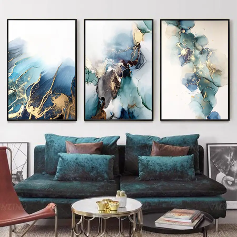 Mavi Yeşil Mermer Desenli Metal Çerçeveli Tablo Seti Siyah