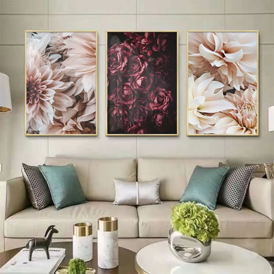 Kırmızı Çiçek Desenli Metal Çerçeveli Tablo Seti Altın