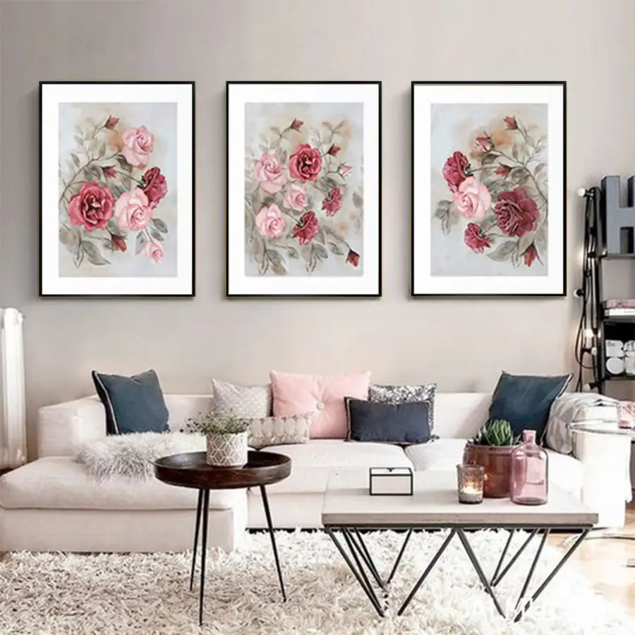 Çiçek Desenli Metal Çerçeveli Tablo Seti Siyah