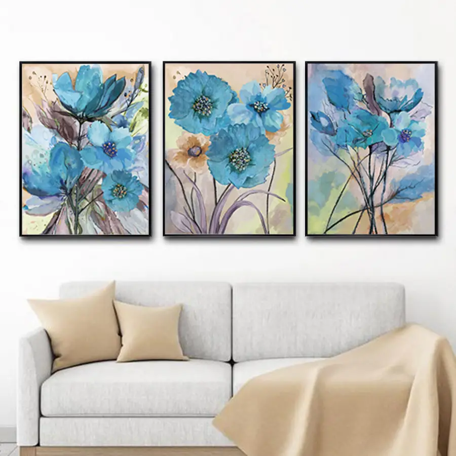 Mavi Çiçekler Desenli Metal Çerçeveli Tablo Seti Siyah