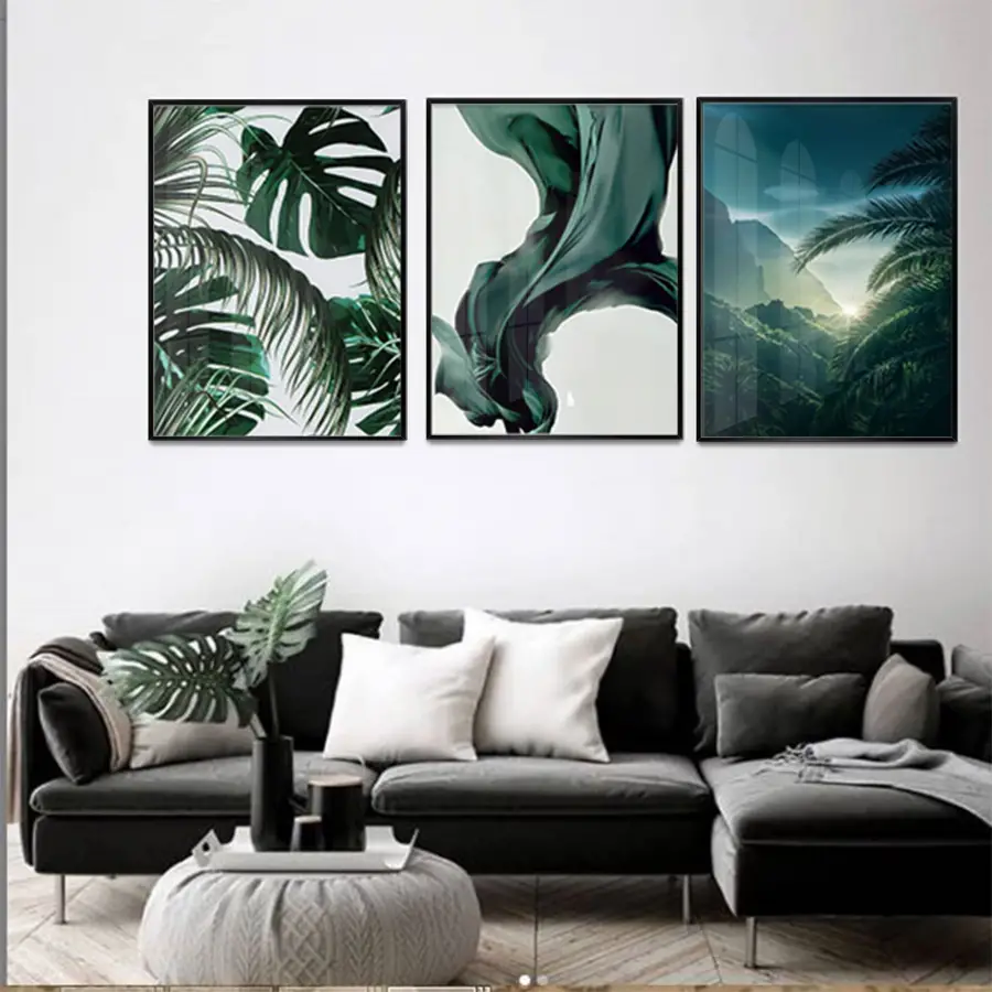 Yeşil Yapraklar Tasarım Metal Çerçeveli Tablo Seti Siyah