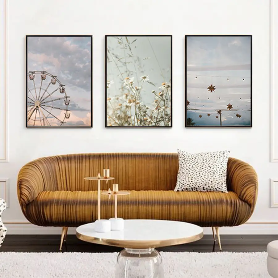 Manzara Detaylı Metal Çerçeveli Tablo Seti Siyah