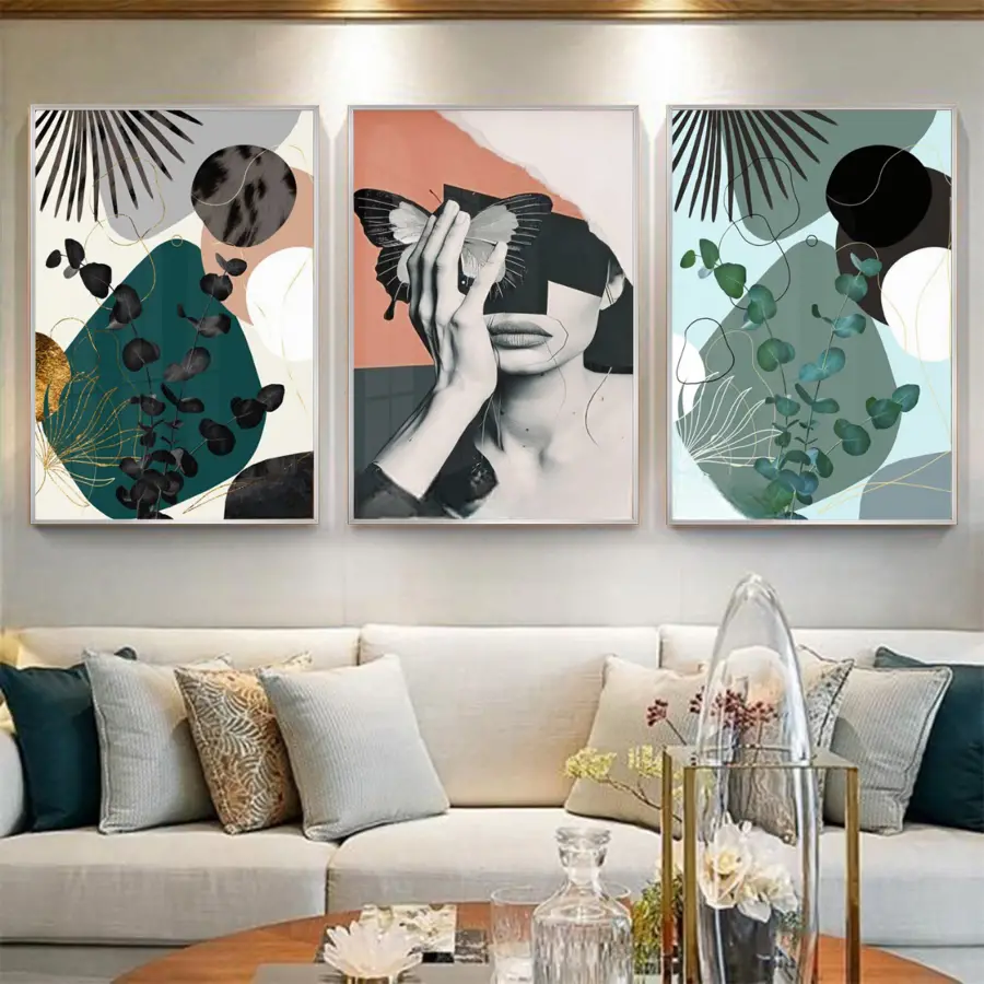 Soyut Figürler Ve Yeşil Detaylı Metal Çerçeveli Tablo Seti Gümüş