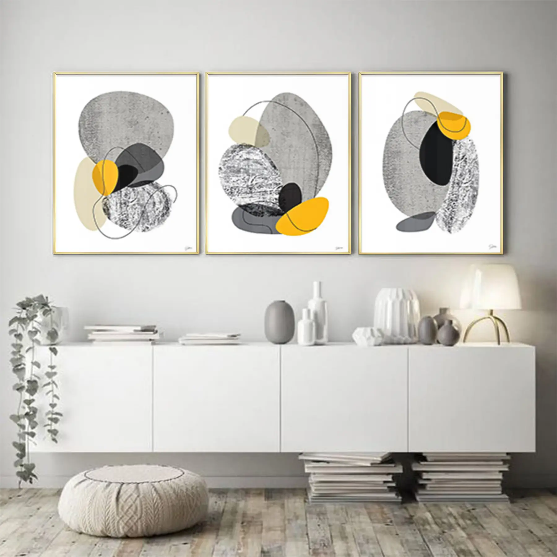 Büyük Taşlar Geometrik Desenli Metal Çerçeveli Tablo Seti Altın