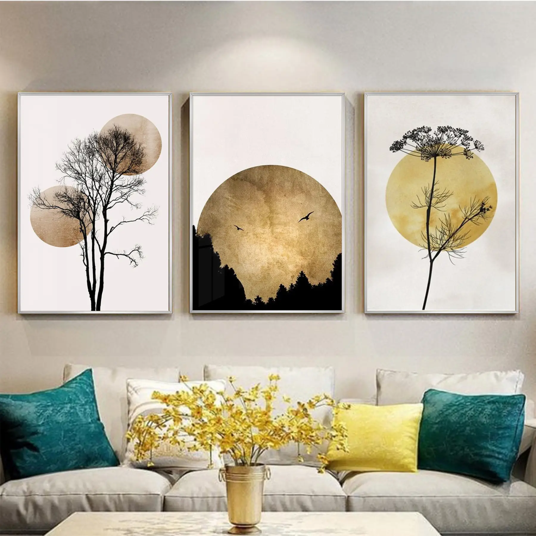 Ağaç Ve Küre Desenli Metal Çerçeveli Tablo Seti Gümüş