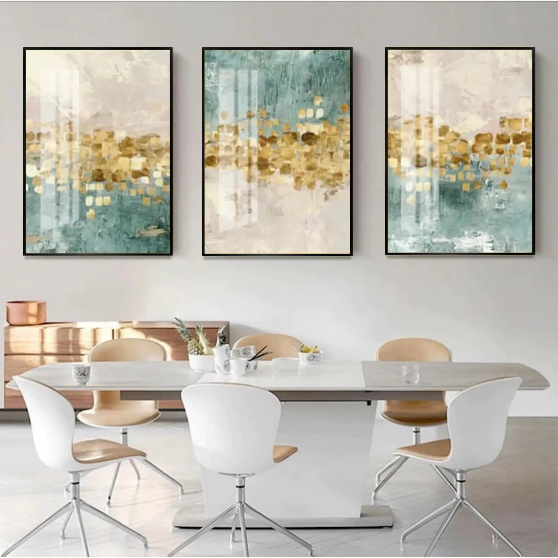 Yeşil Ve Gold Detaylı Metal Çerçeveli Tablo Seti Siyah