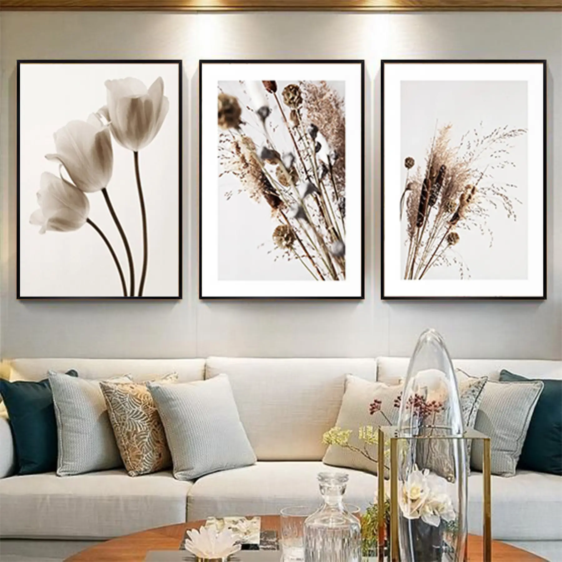 Çiçek Detaylı Metal Çerçeveli Tablo Seti Siyah