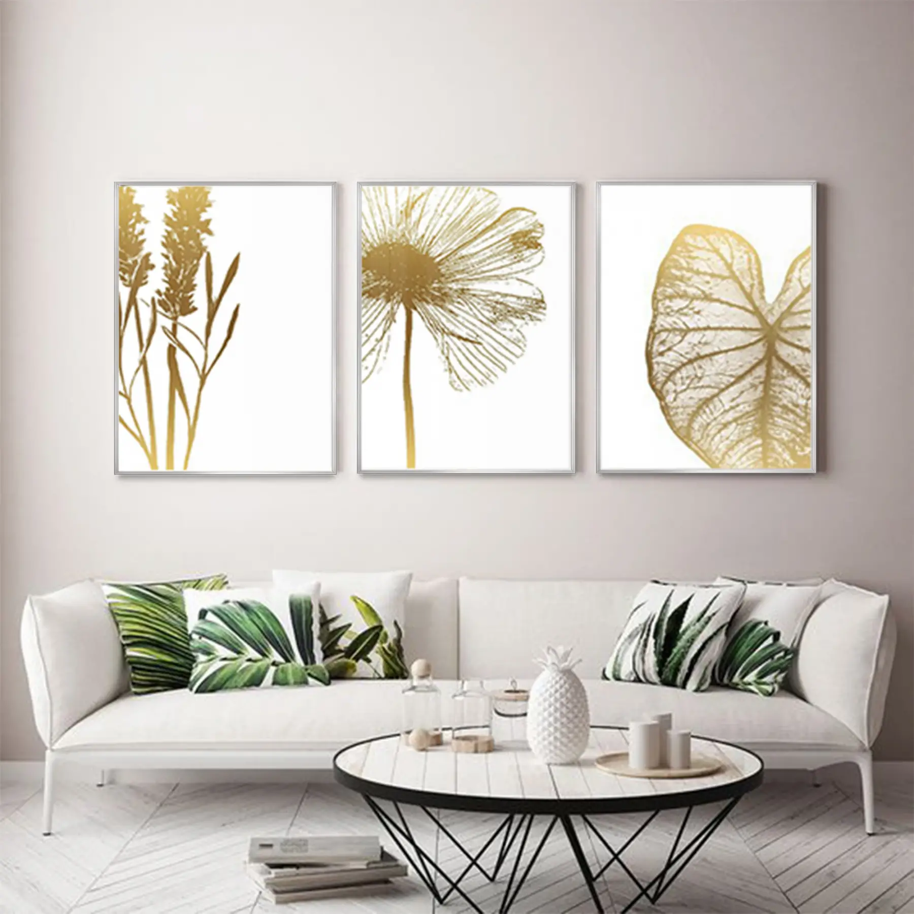 Çiçek Detaylı Gold Desenli Metal Çerçeveli Tablo Seti Gümüş