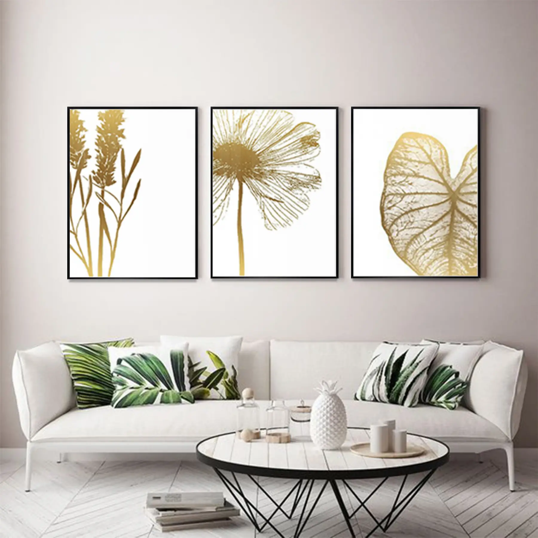 Çiçek Detaylı Gold Desenli Metal Çerçeveli Tablo Seti Siyah