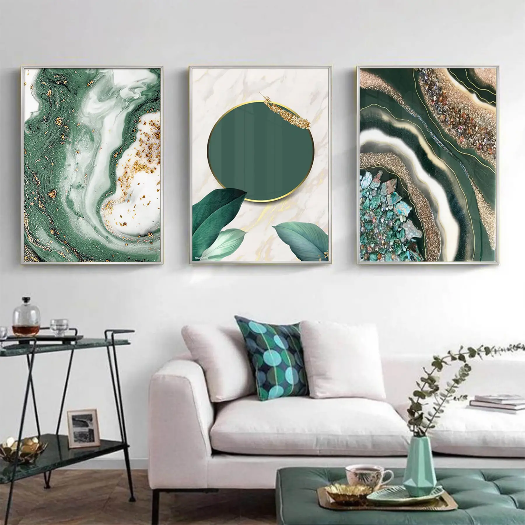 Yeşil Ve Gold Detaylı Metal Çerçeveli Tablo Seti Gümüş