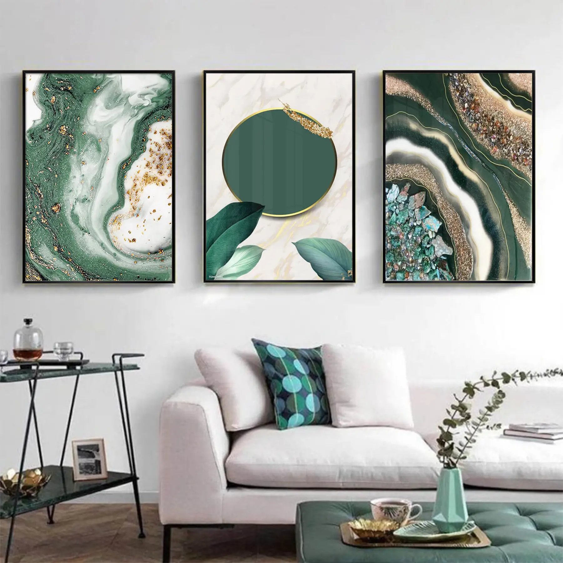 Yeşil Ve Gold Detaylı Metal Çerçeveli Tablo Seti Siyah