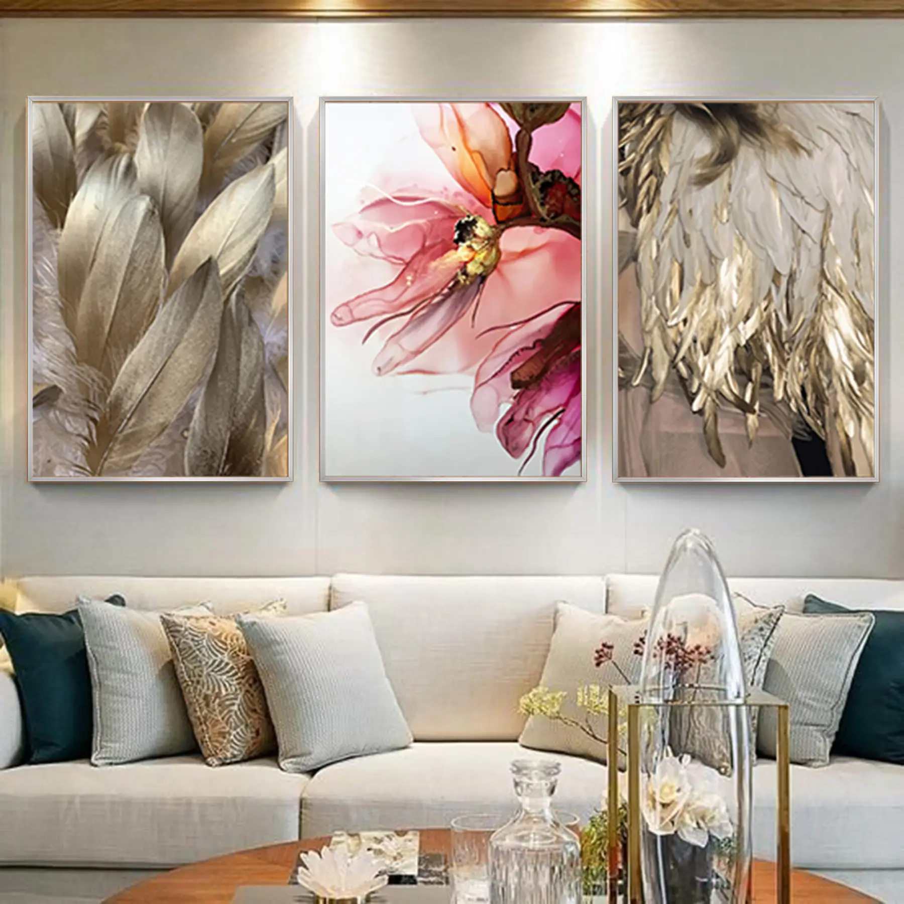 Gold Desenli Metal Çerçeveli Tablo Seti Gümüş