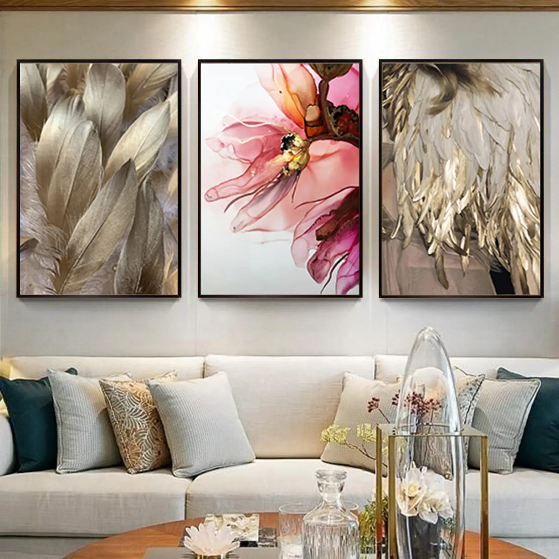 Gold Desenli Metal Çerçeveli Tablo Seti Siyah