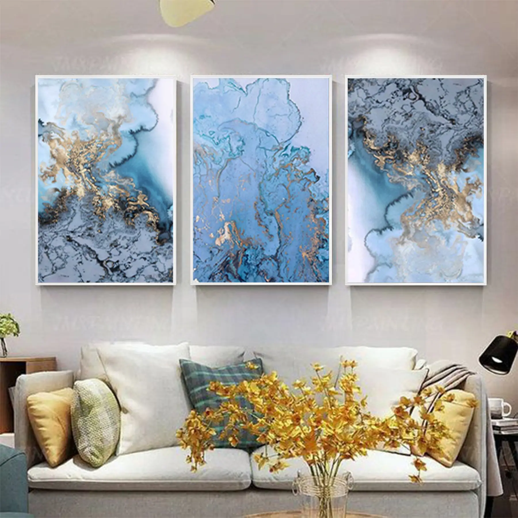 Mavi Mermer Ve Gold Desenli Metal Çerçeveli Tablo Seti Beyaz