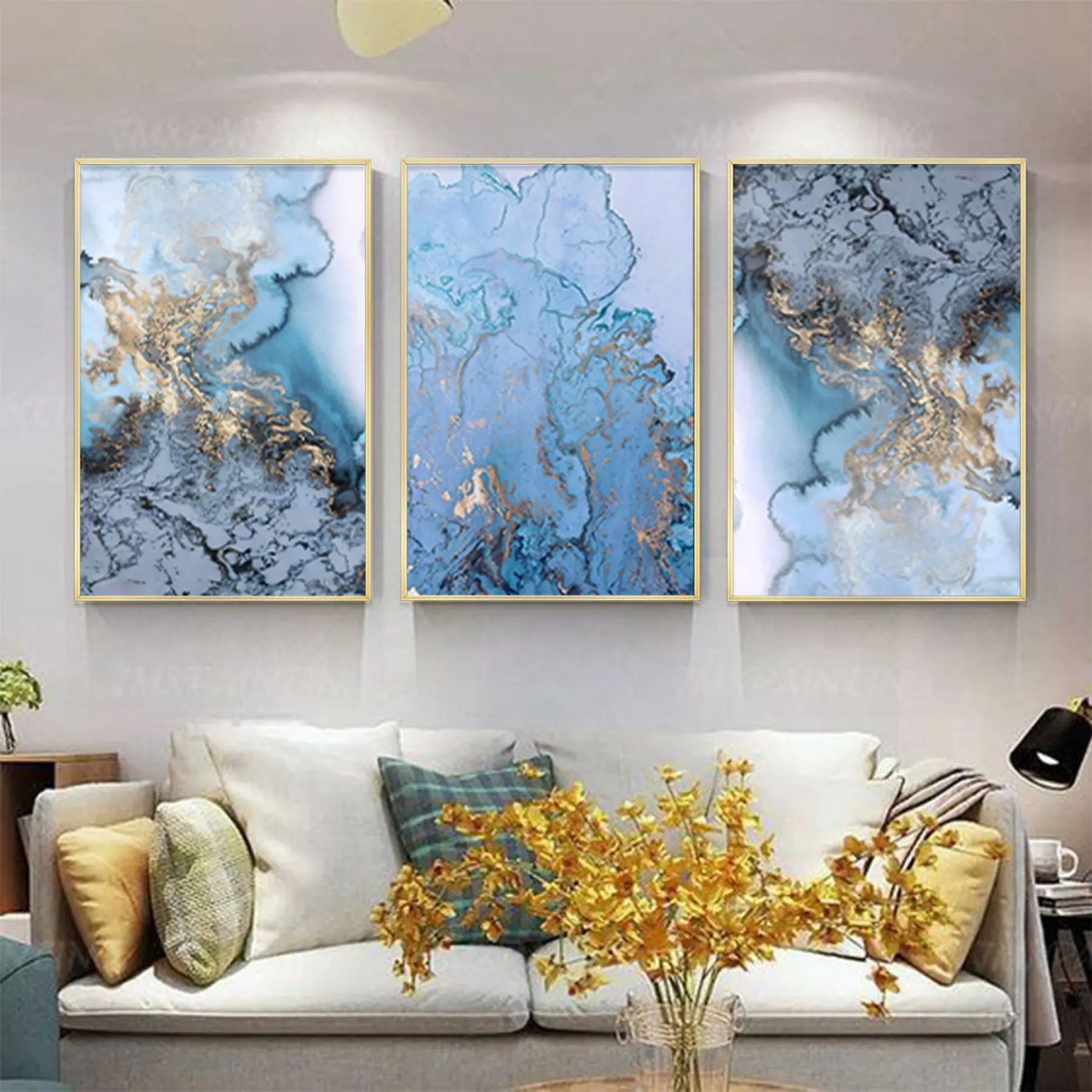 Mavi Mermer Ve Gold Desenli Metal Çerçeveli Tablo Seti Altın