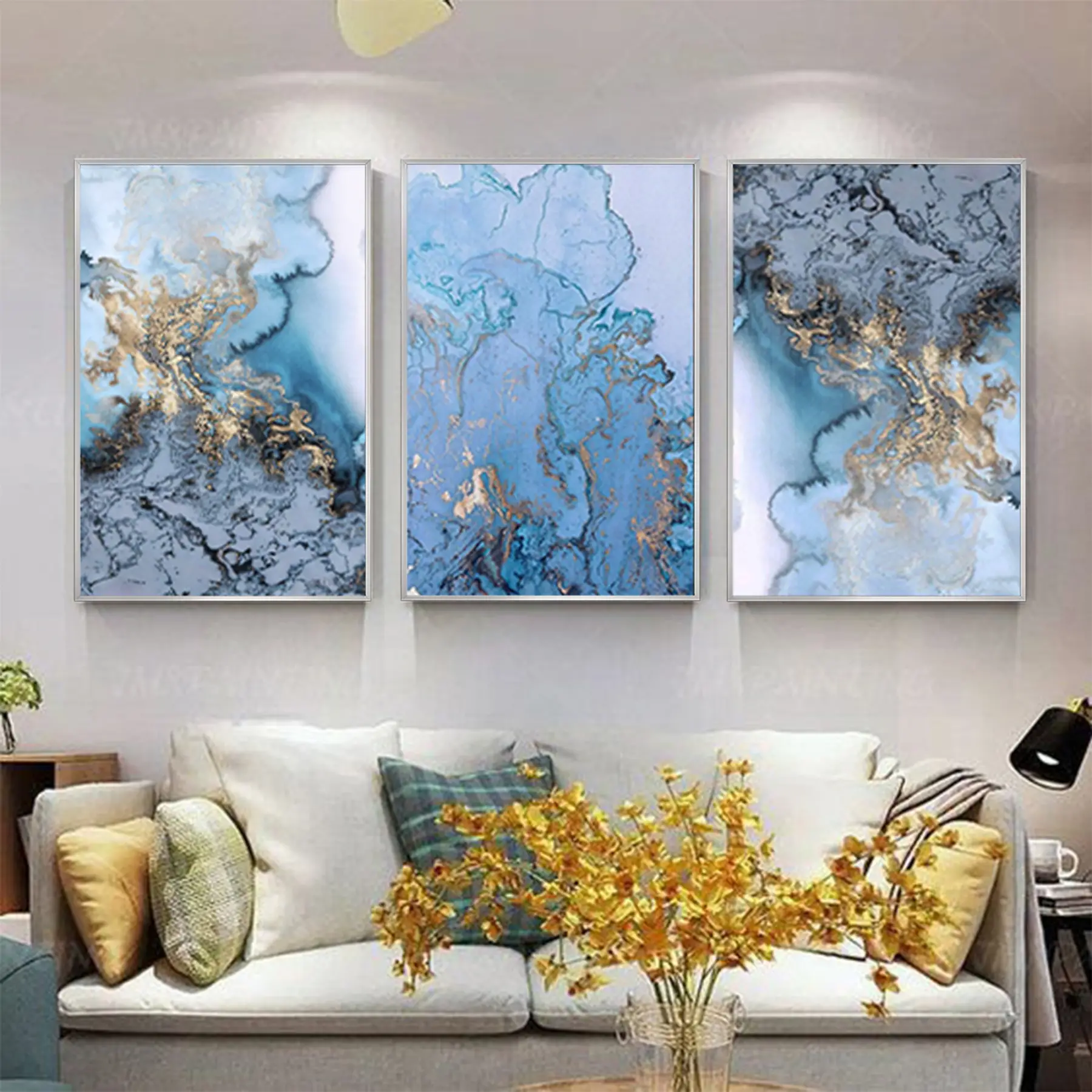 Mavi Mermer Ve Gold Desenli Metal Çerçeveli Tablo Seti Gümüş