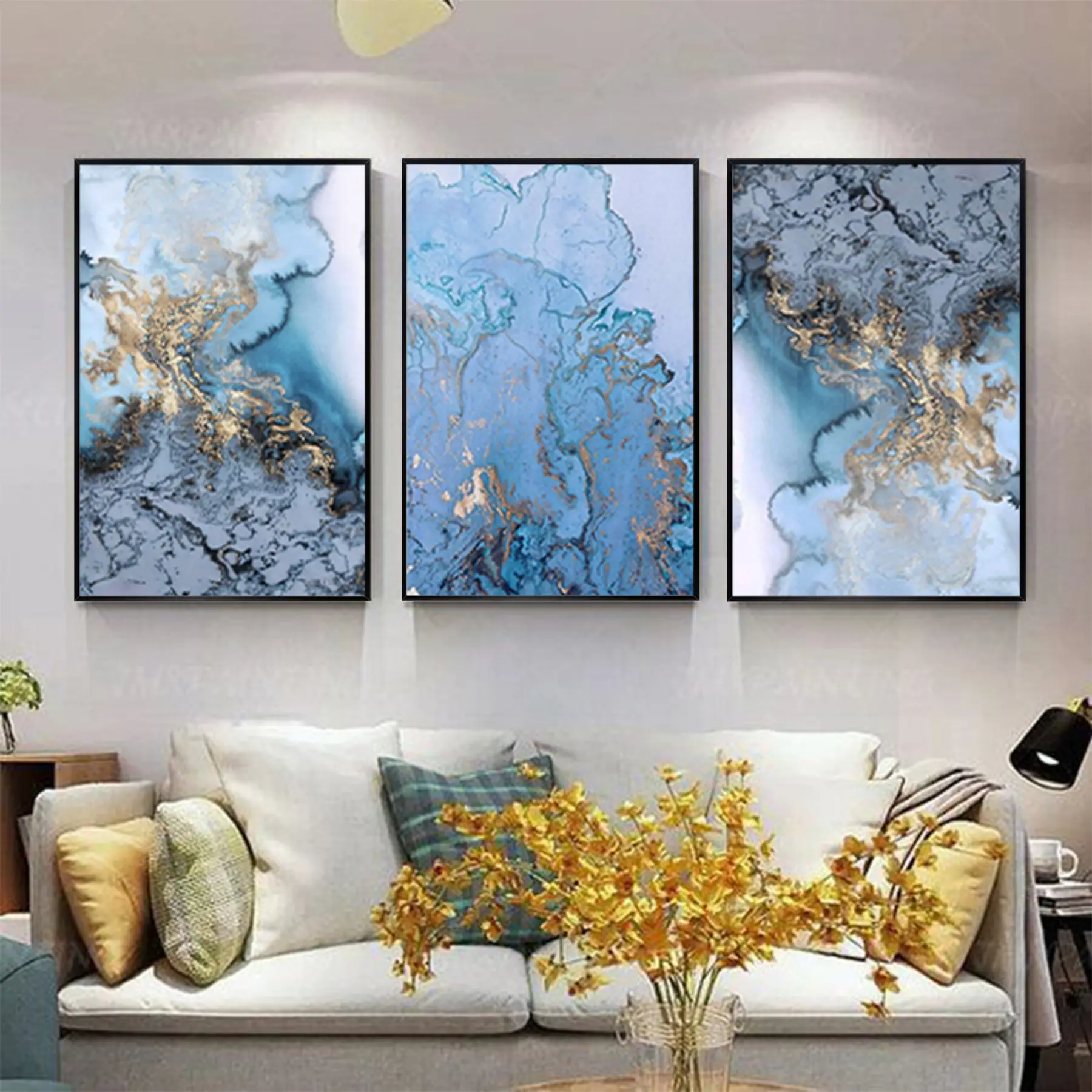 Mavi Mermer Ve Gold Desenli Metal Çerçeveli Tablo Seti Siyah