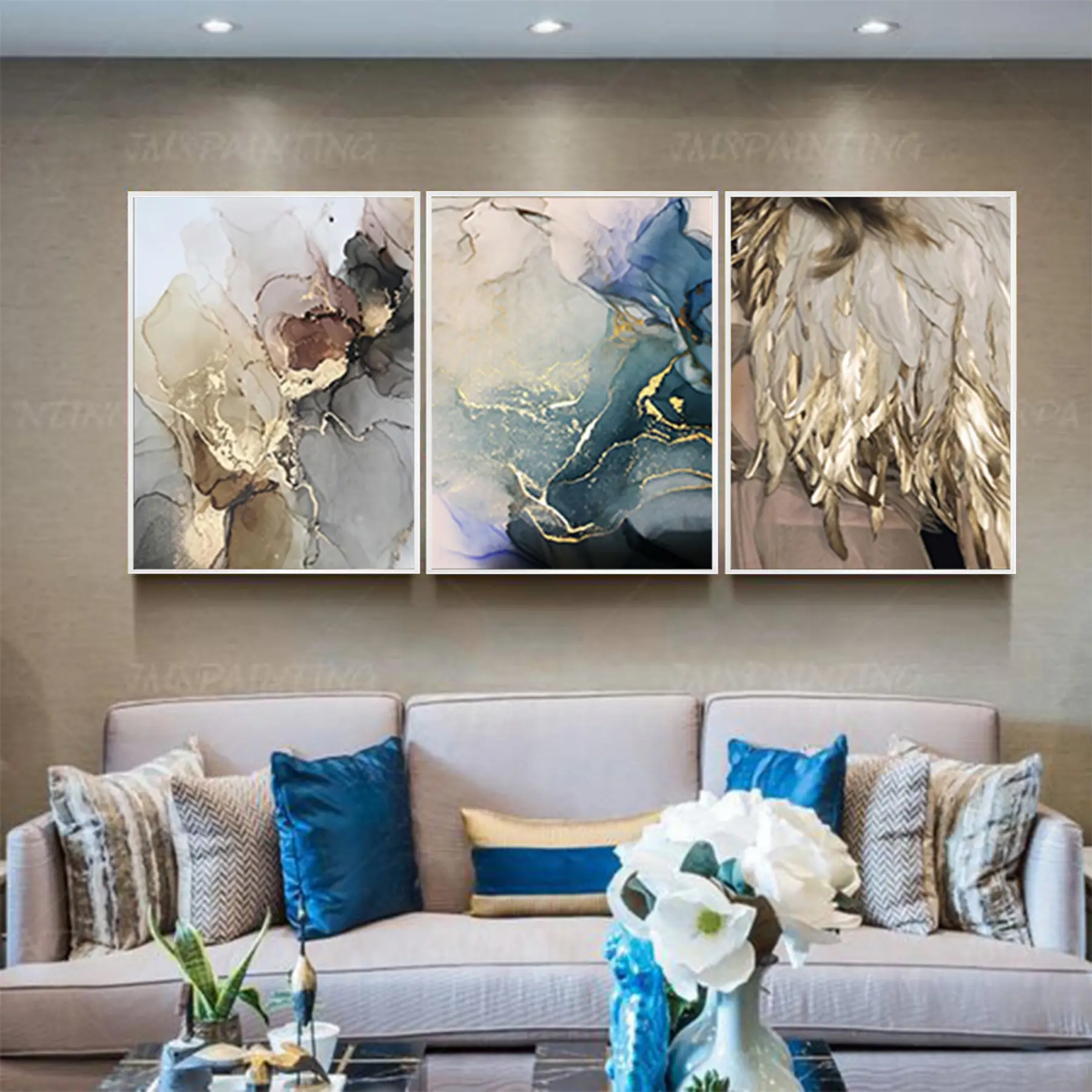 Gold Desenli Metal Çerçeveli Tablo Seti Beyaz