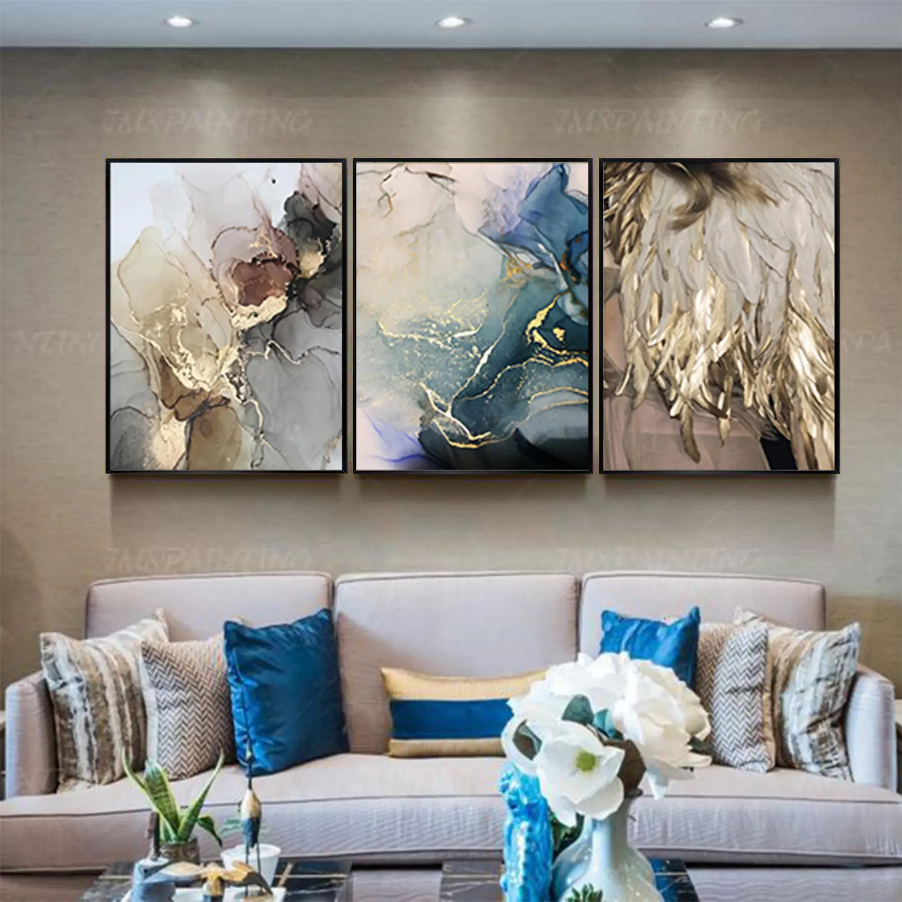 Gold Desenli Metal Çerçeveli Tablo Seti Siyah