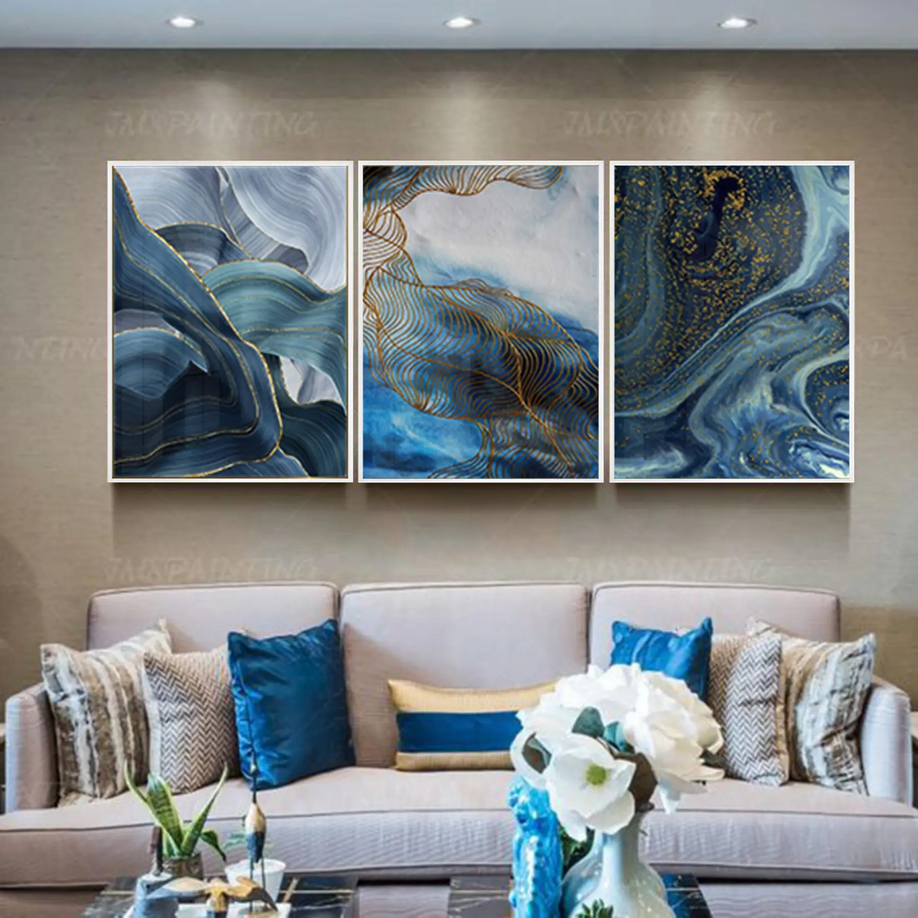 Mavi Detaylı Metal Çerçeveli Tablo Seti Beyaz