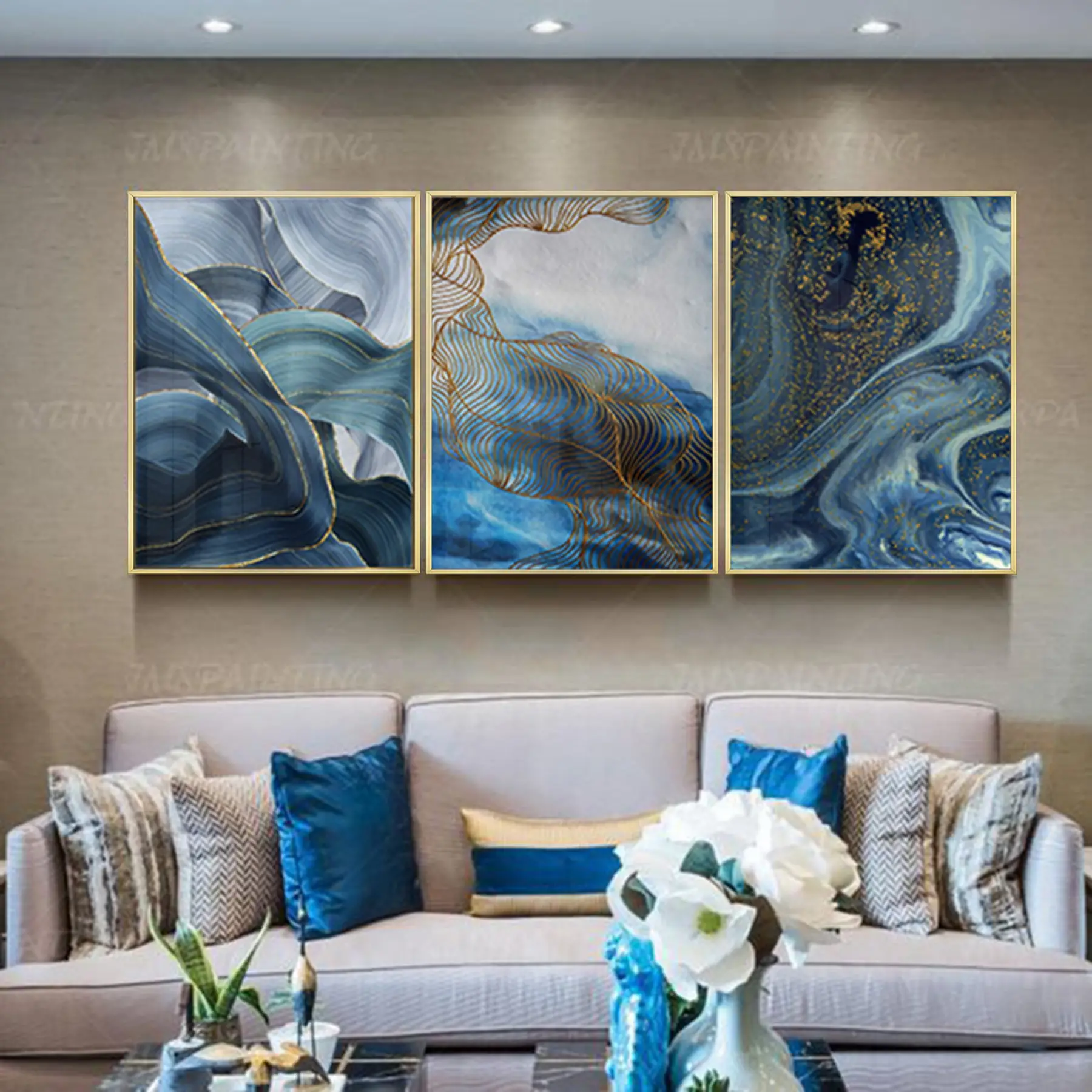 Mavi Detaylı Metal Çerçeveli Tablo Seti Altın