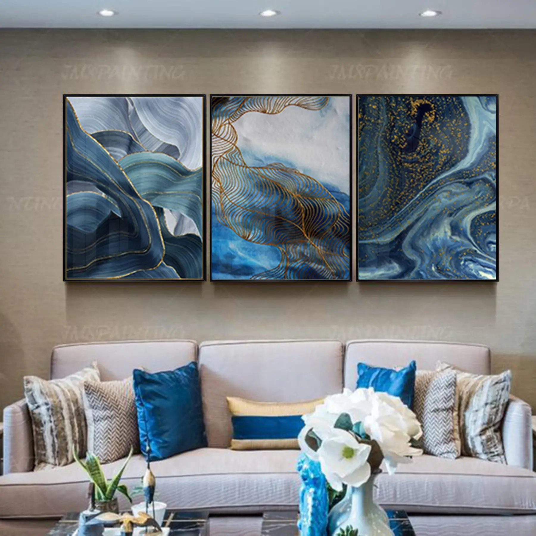 Mavi Detaylı Metal Çerçeveli Tablo Seti Siyah