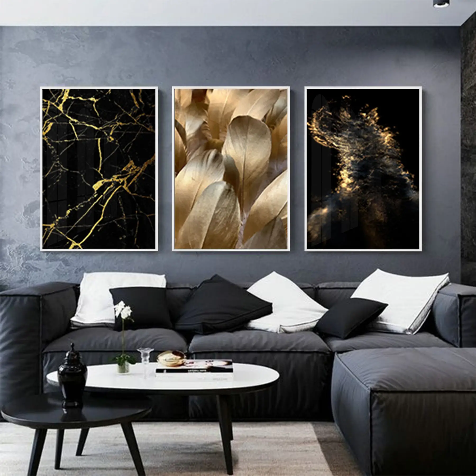 Siyah Ve Gold Desenli Metal Çerçeveli Tablo Seti Beyaz