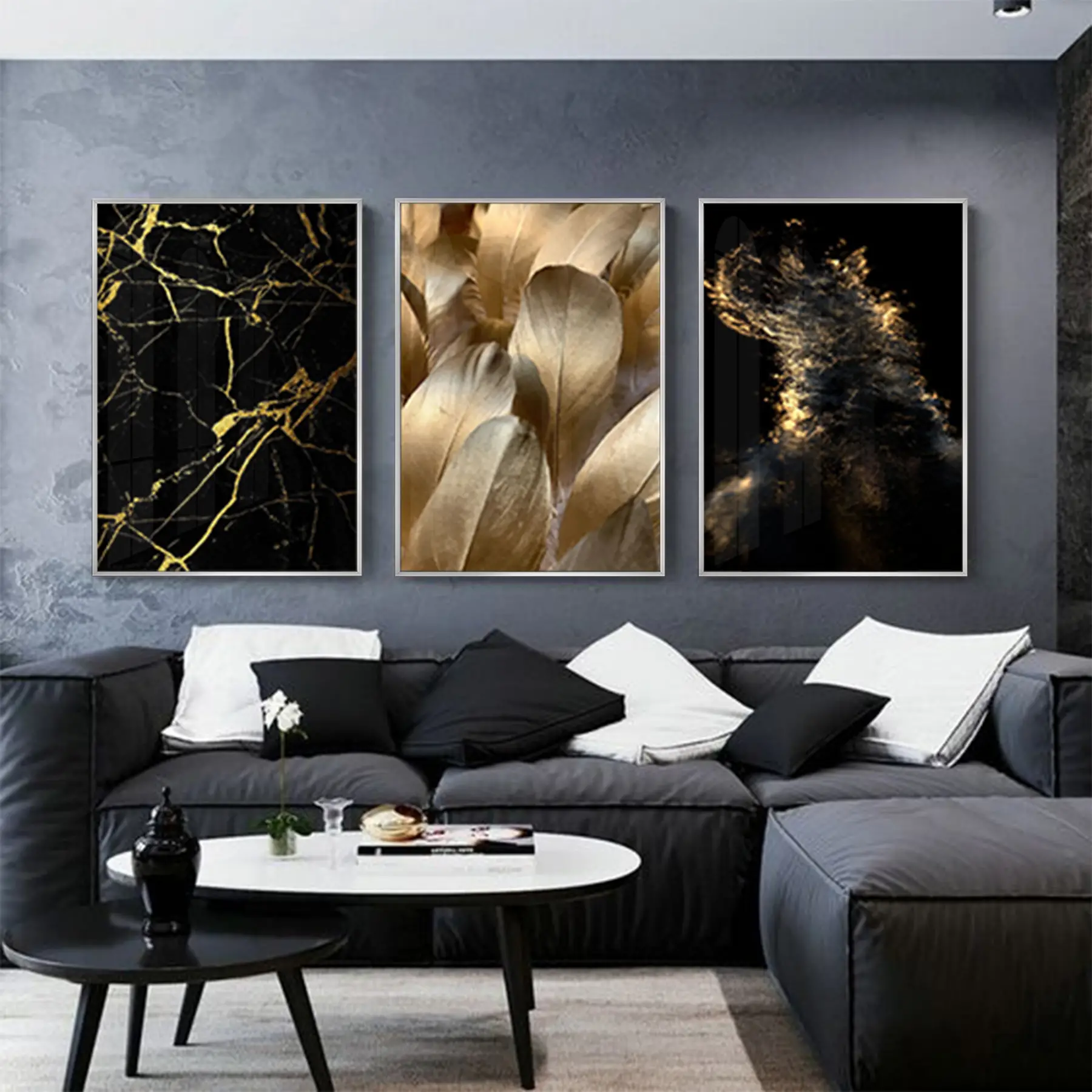 Siyah Ve Gold Desenli Metal Çerçeveli Tablo Seti Gümüş