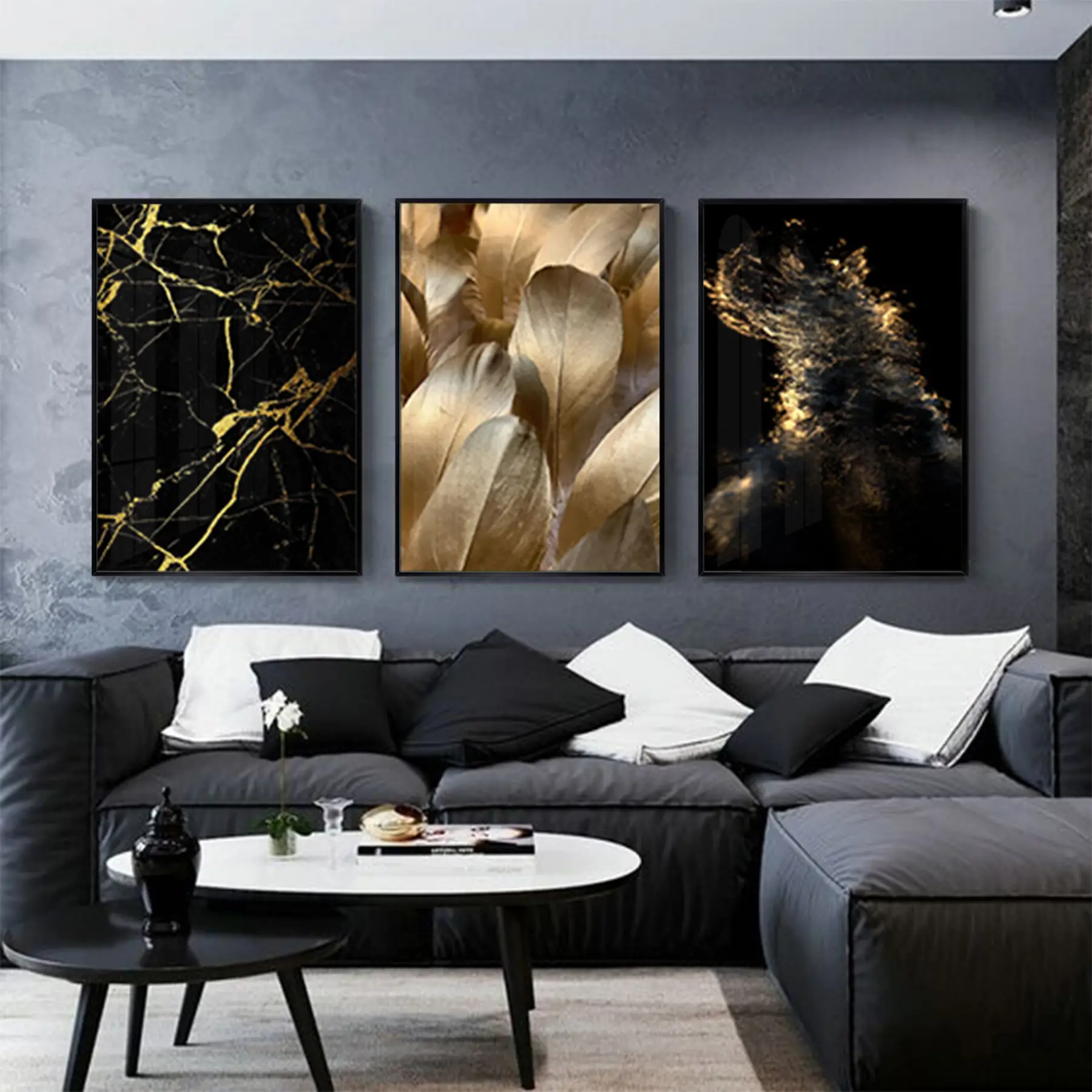 Siyah Ve Gold Desenli Metal Çerçeveli Tablo Seti Siyah