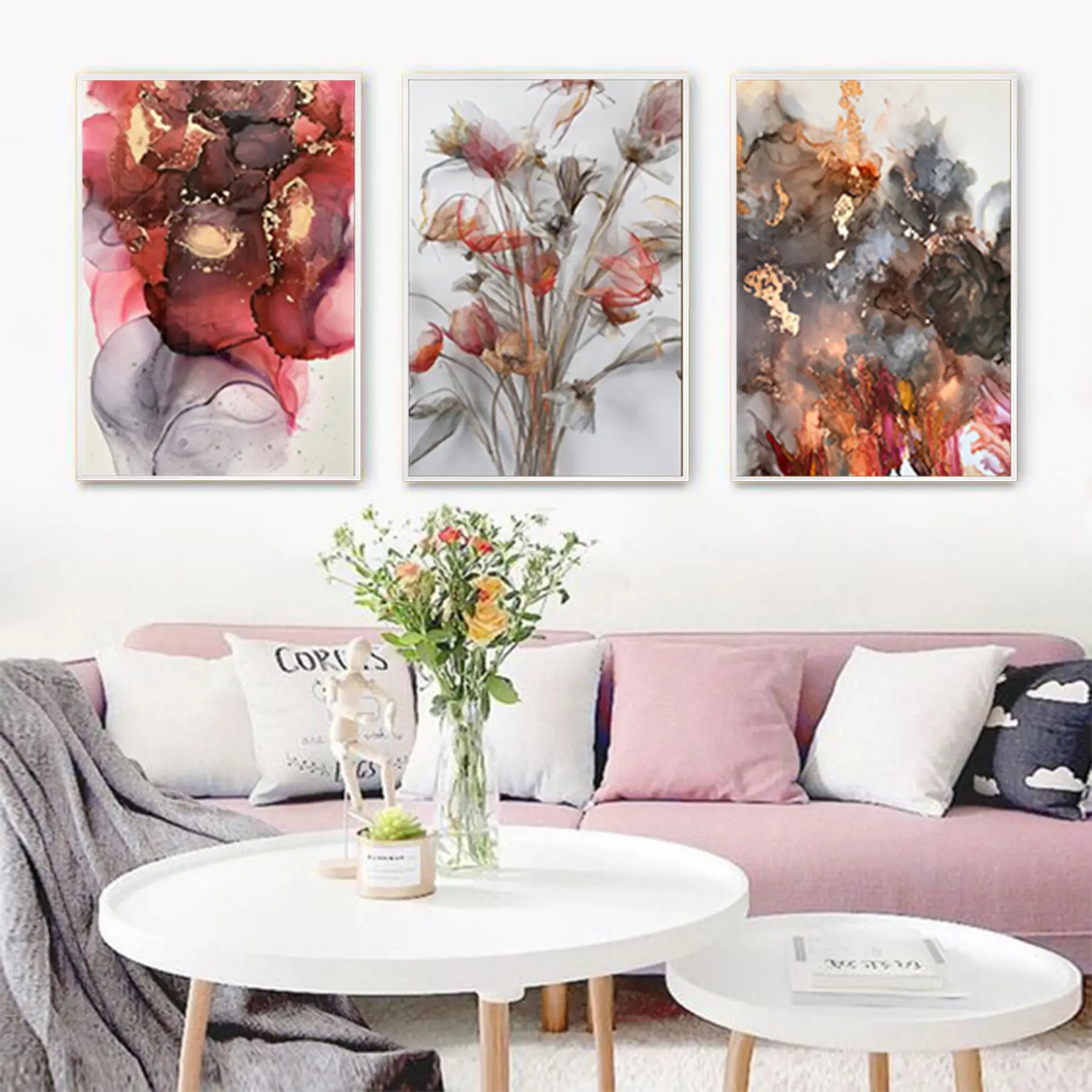 Kırmızı Ve Gold Desenli Metal Çerçeveli Tablo Seti Beyaz