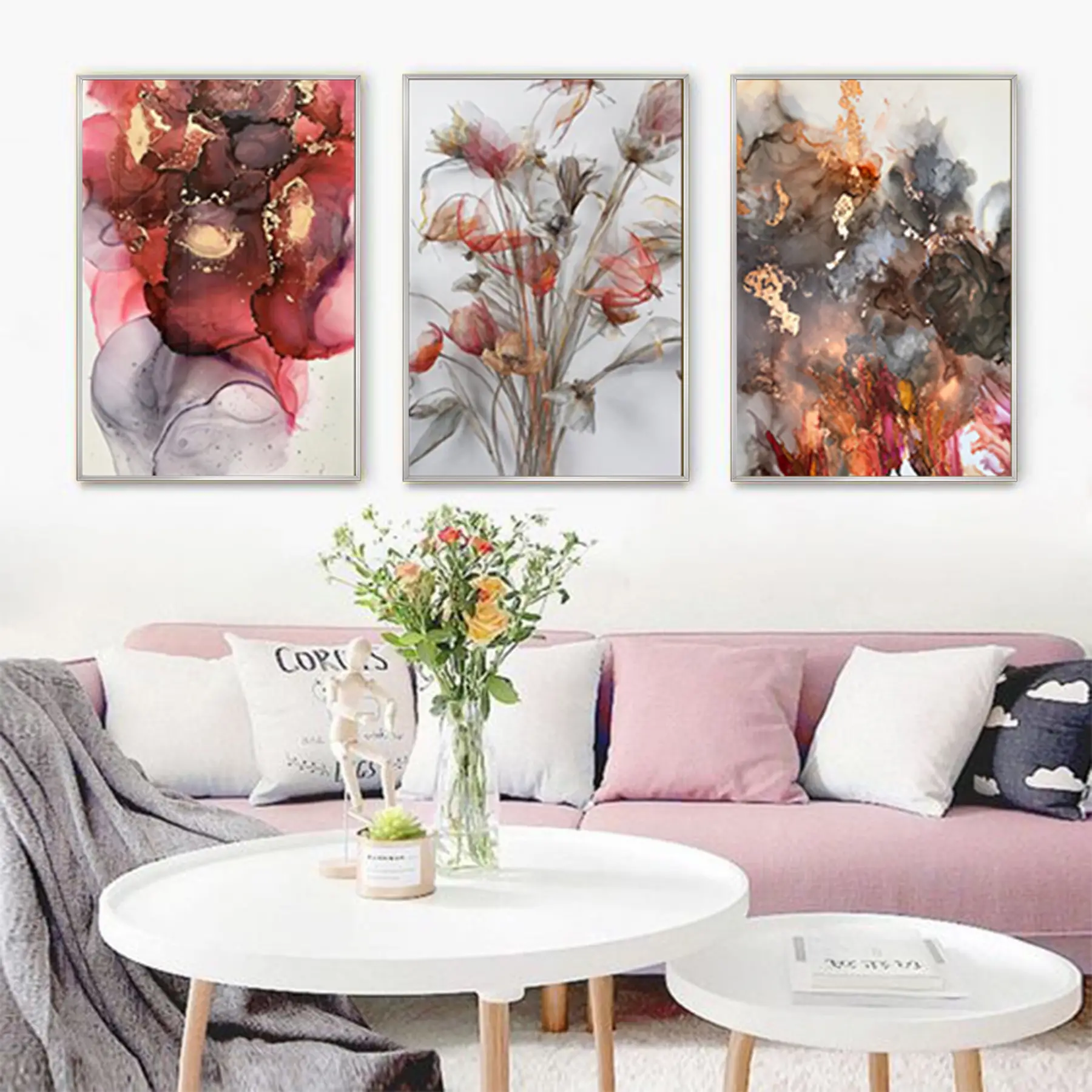 Kırmızı Ve Gold Desenli Metal Çerçeveli Tablo Seti Gümüş